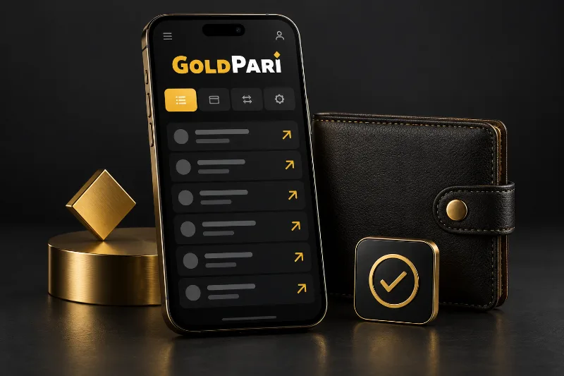Wallet and outgoing transaction arrow for Gold Pari
